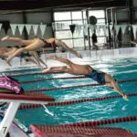 swimmers diving into the pool