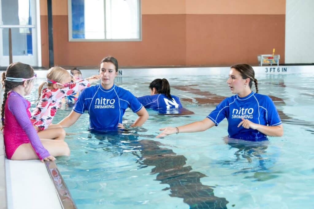nitro swim lessons with swimmers and three instructors